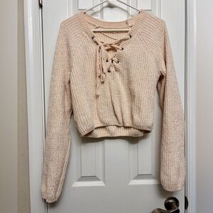 L.A. Hearts Chenille Lace-Up Cropped Sweater - Cream/Tan